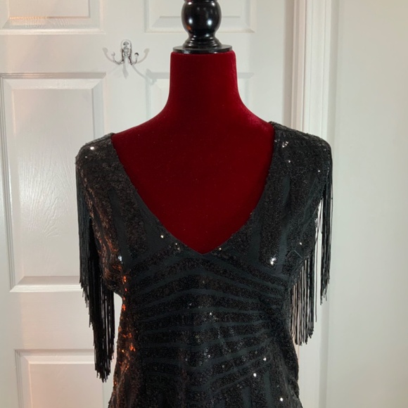 Capuffy Sequin Black Fringe Party Bodycon Mini Dress Size Large - Picture 3 of 10